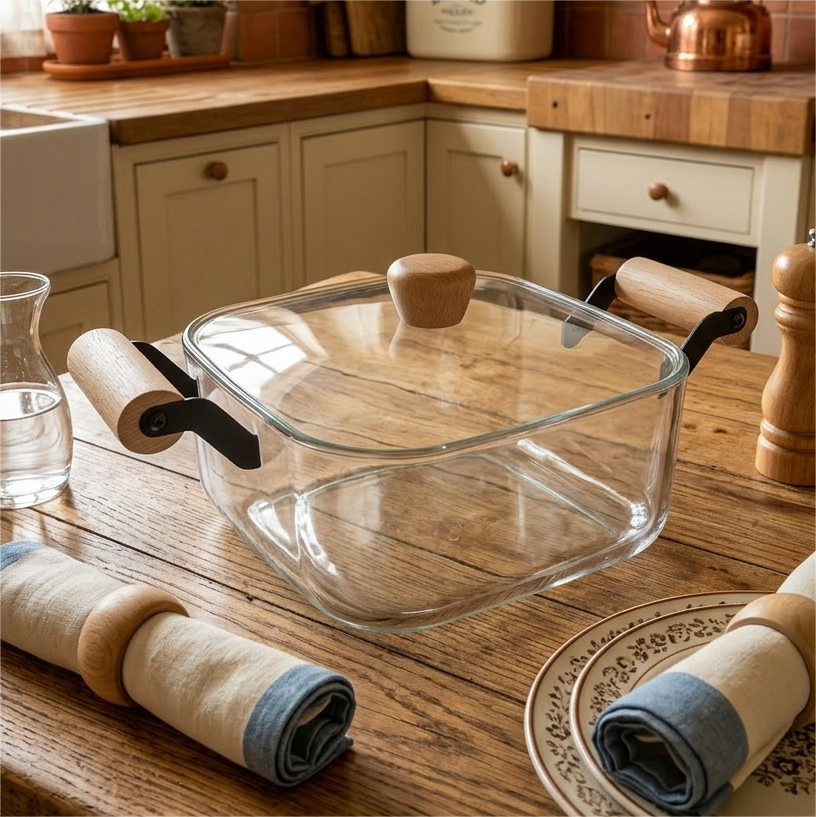 OLLA BOROCILICATO CUADRADO + ASA DE MADERA 3.5L